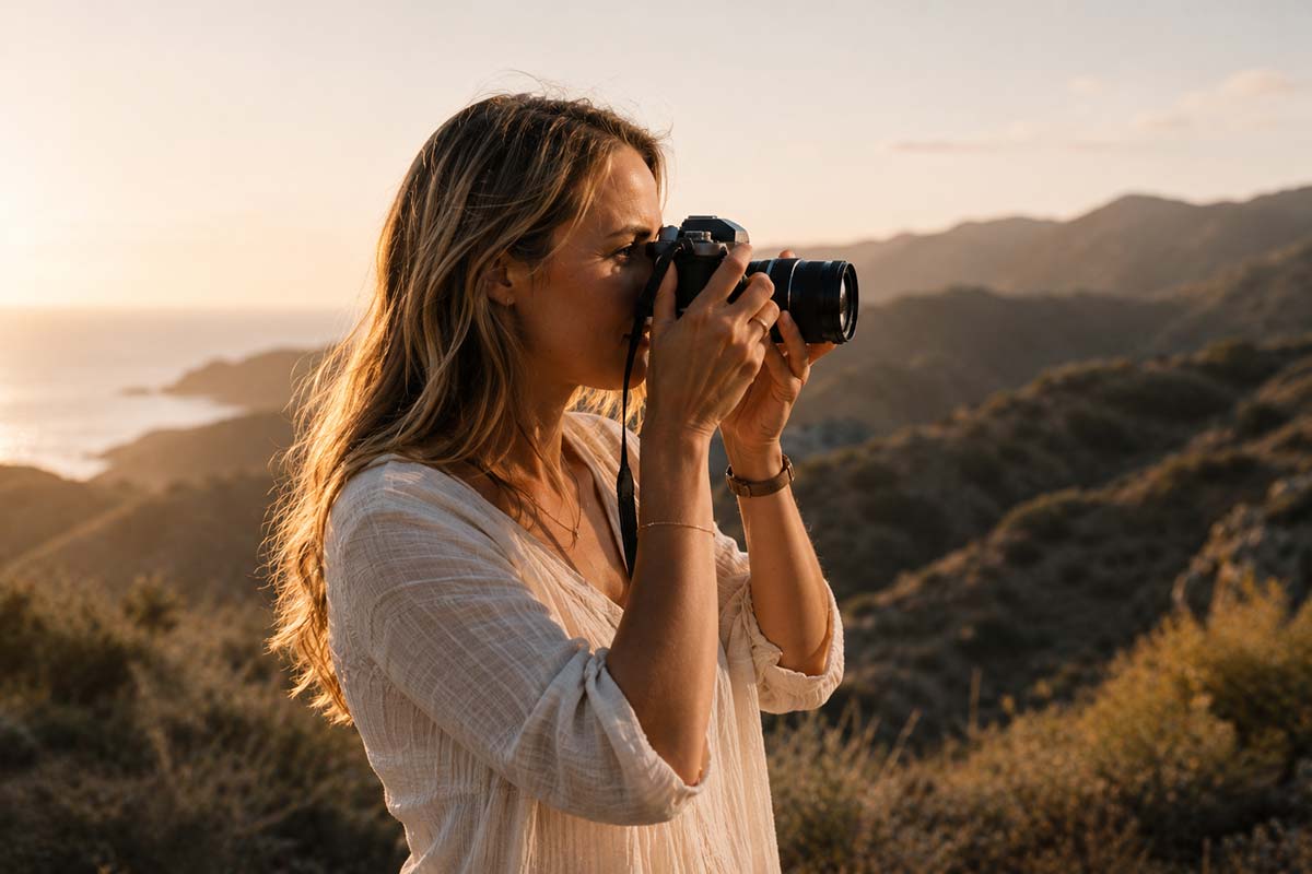 Frau im goldenen Sonnenlicht mit Kamera web